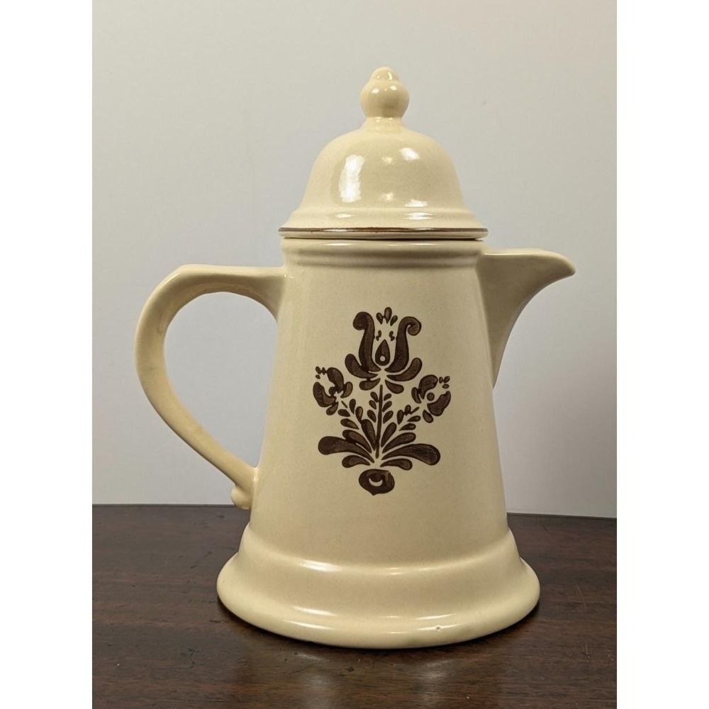 Pfaltzgraff Village Coffee Pot w Lid Brown Folk Art USA Vintage Tall Pitcher